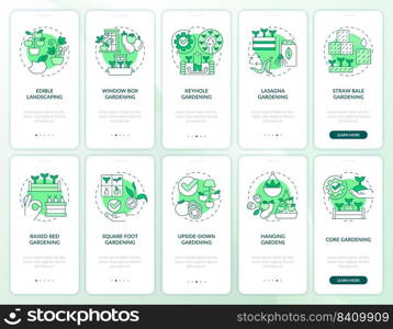 Gardening methods green onboarding mobile app screen set. Planting walkthrough 5 steps editable graphic instructions with linear concepts. UI, UX, GUI template. Myriad Pro-Bold, Regular fonts used. Gardening methods green onboarding mobile app screen set