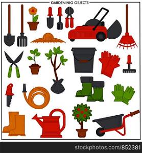 Gardening objects set composed of convenient metal tools. Electric lawn mower, iron bucket, rubber boots, compact cart, big spade and rake, sharp secateurs and long hose isolated vector illustrations.. Gardening objects set composed of convenient metal tools