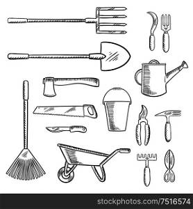 Gardening or agricultural tools with axe and saw, shovel and bucket, pitchfork and rake, wheelbarrow and watering can, knife and cultivator, scissors, shears and sickle. Agriculture, gardening themes. Gardening and agricultural tools icons