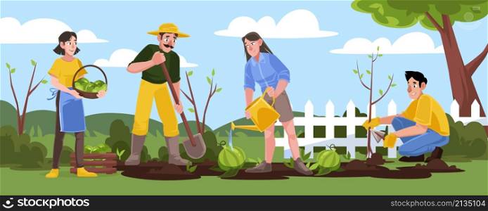 Gardening or farm works in garden. Men and women farmers and cottagers planting tree, watering watermelons and harvesting crop. Happy farmers characters working in orchard, Cartoon vector illustration. Gardening or farm works in garden, people working