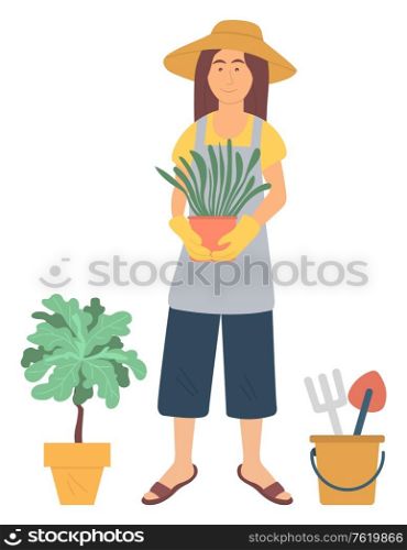 Gardening pastime vector, isolated woman standing with plant in pot. Interest of lady, gardener character holding flowers, houseplants hobby leisure. Gardening Hobby, Woman with Flower Pots Vector