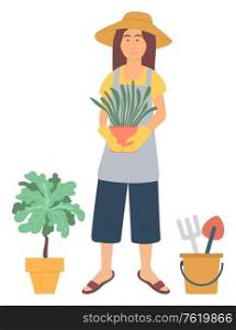 Gardening pastime vector, isolated woman standing with plant in pot. Interest of lady, gardener character holding flowers, houseplants hobby leisure. Gardening Hobby, Woman with Flower Pots Vector