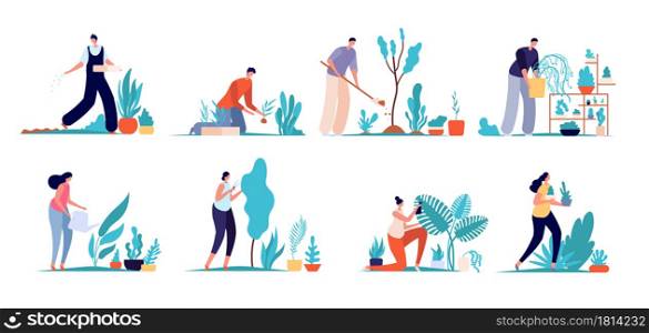 Gardening people. Garden characters, agriculture labor persons. Cartoon gardener man woman care green flowers, eco hobby utter vector set. Illustration agriculture and farming, gardening. Gardening people. Garden characters, agriculture labor persons. Cartoon gardener man woman care green flowers, eco hobby utter vector set
