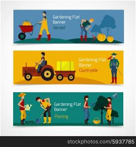 Gardening people horizontal banners set with vegetable and fruit trees planting flat icons isolated vector illustration. Gardening People Flat Banners