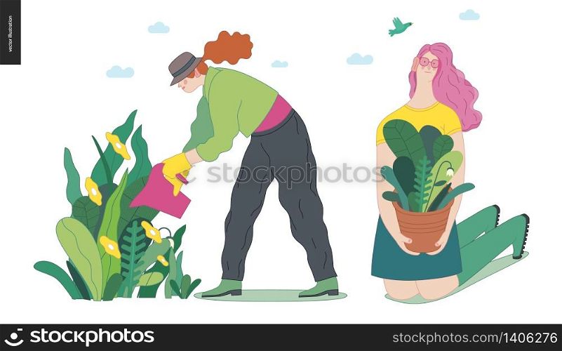 Gardening people set, spring - modern flat vector concept illustration of a young red-hired woman wearing a hat, watering plants. A pink-hired girl holding a pot with a plant. Spring gardening concept. Gardening people set, spring