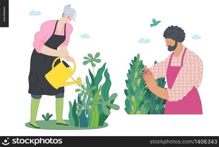 Gardening people set, spring - modern flat vector concept illustration of a woman wearing rubber boots and apron, watering plants. Young black man cutting bush with scissors. Spring gardening concept. Gardening people set, spring