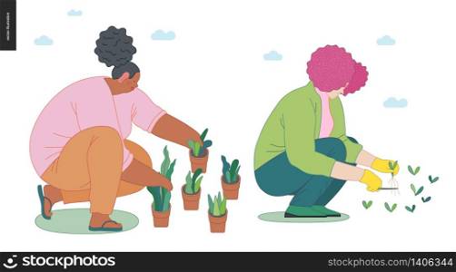 Gardening people set, spring - modern flat vector concept illustration of a young black woman rearranging plant pots, and white red-hired woman cutting sptouts. Spring gardening concept. Gardening people set, spring