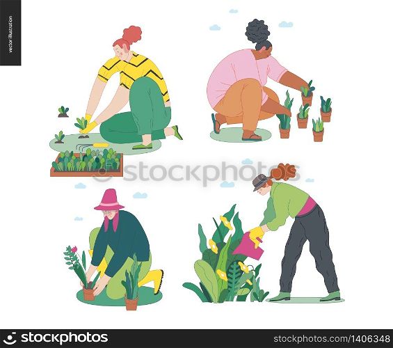 Gardening people set, spring -modern flat vector concept illustration of diverse people -men and women, doing hobby garden work -watering, planting, cutting, hoeing, arranging Spring gardening concept. Gardening people set, spring