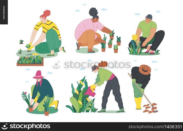 Gardening people set, spring -modern flat vector concept illustration of diverse people -men and women, doing hobby garden work -watering, planting, cutting, hoeing, arranging Spring gardening concept. Gardening people set, spring