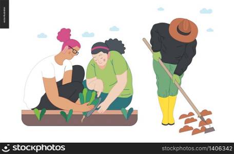 Gardening people set, spring - modern flat vector concept illustration of two young women sitting on the ground in squatting position planting, a woman working with hoe. Spring gardening concept. Gardening people set, spring
