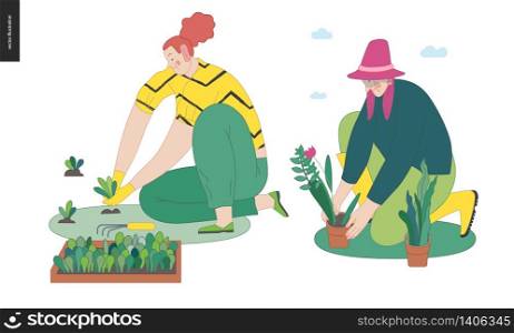 Gardening people set, spring - modern flat vector concept illustration of two women sitting on the ground in the squatting position planting sprouts and flower. Spring gardening concept. Gardening people set, spring