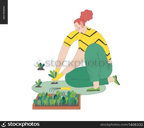 Gardening people, spring - modern flat vector concept illustration of a red-hired woman sitting on the ground in the squatting position planting sprouts. Spring gardening concept. Gardening people, spring