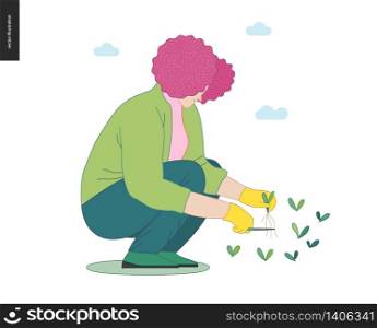 Gardening people, spring - modern flat vector concept illustration of a red-hired woman sitting on the ground in the squatting position cutting sprouts. Spring gardening concept. Gardening people, spring