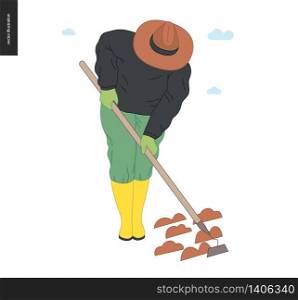Gardening people, spring - modern flat vector concept illustration of a woman wearing yellow rubber boots and straw hat, working with hoe. Spring gardening concept. Gardening people, spring