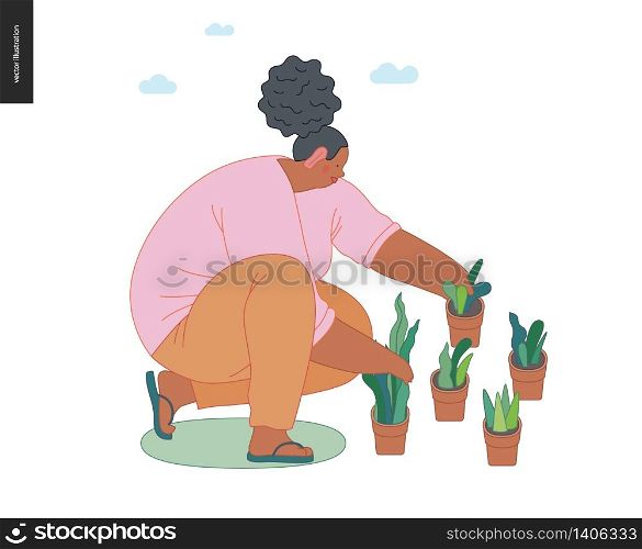 Gardening people, spring - modern flat vector concept illustration of a young black woman sitting on the ground in the squatting position rearranging plant pots. Spring gardening concept. Gardening people, spring