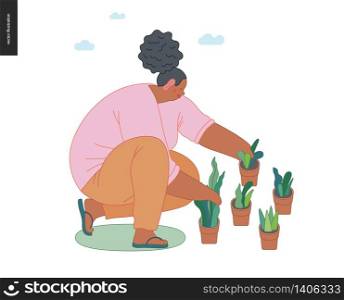 Gardening people, spring - modern flat vector concept illustration of a young black woman sitting on the ground in the squatting position rearranging plant pots. Spring gardening concept. Gardening people, spring