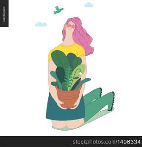 Gardening people, spring - modern flat vector concept illustration of a young pink-hired woman sitting on the ground on her knees holding a pot with a plant. Spring gardening concept. Gardening people, spring