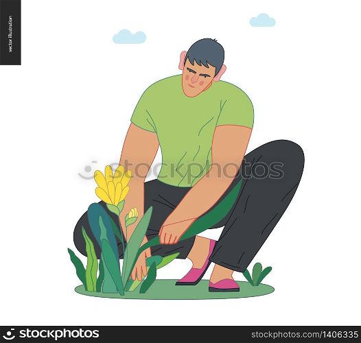 Gardening people, spring - modern flat vector concept illustration of a young brunette man sitting on the ground in the squatting position planting a flower. Spring gardening concept. Gardening people, spring