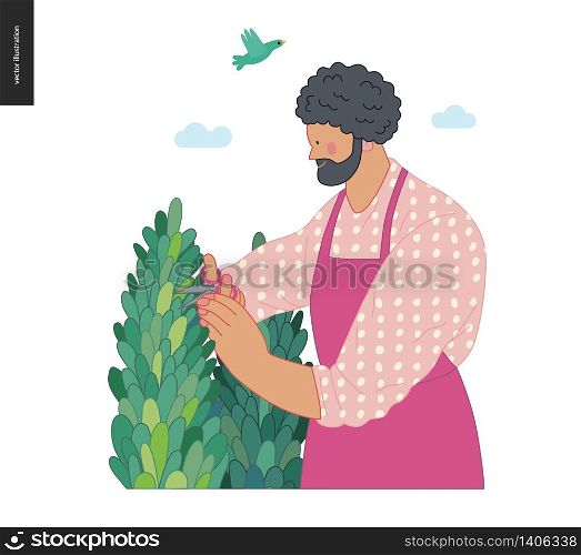 Gardening people, spring - modern flat vector concept illustration of a young black man wearing red apron cutting a bush with scissors. Spring gardening concept. Gardening people, spring