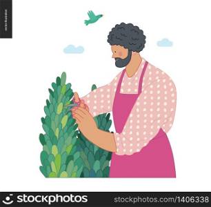 Gardening people, spring - modern flat vector concept illustration of a young black man wearing red apron cutting a bush with scissors. Spring gardening concept. Gardening people, spring