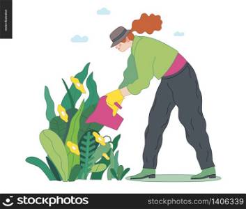 Gardening people, spring - modern flat vector concept illustration of a young red-hired woman wearing green rubber boots and a hat, watering plants. Spring gardening concept. Gardening people, spring
