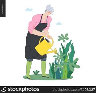 Gardening people, spring - modern flat vector concept illustration of an elderly woman wearing green rubber boots and black apron, watering plants. Spring gardening concept. Gardening people, spring