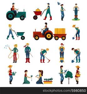 Gardening people with equipment flat icons set isolated vector illustration. Gardening People Flat Set