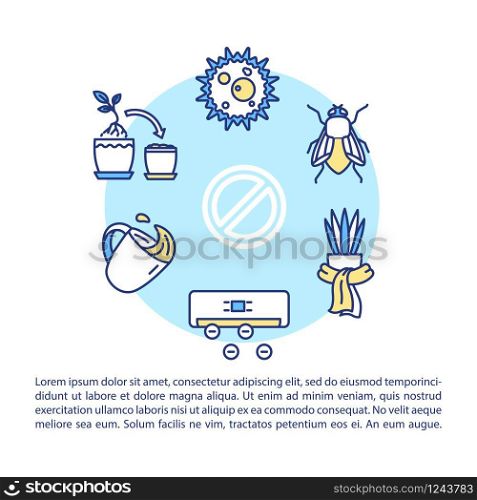 Gardening problems concept icon with text. Pests, microbes. Repotting, overwatering. Cold conditions. PPT page vector template. Brochure, magazine, booklet design element with linear illustrations