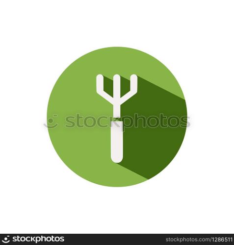 Gardening rake. Icon on a green circle. Tool glyph vector illustration