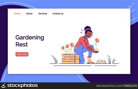 Gardening rest landing page vector template. Planting service website interface idea with flat illustrations. Hobby homepage layout. Girl holding seedling web banner, webpage cartoon concept