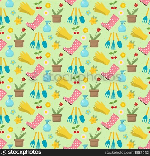 Gardening seamless pattern with garden tools. Spring endless backdrop. Horticulture texture, wallpaper. Cute summer background. Vector illustration. Gardening seamless pattern with garden tools. Spring endless backdrop. Horticulture texture, wallpaper. Cute summer background. Vector illustration.