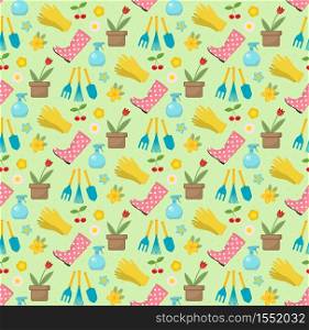 Gardening seamless pattern with garden tools. Spring endless backdrop. Horticulture texture, wallpaper. Cute summer background. Vector illustration. Gardening seamless pattern with garden tools. Spring endless backdrop. Horticulture texture, wallpaper. Cute summer background. Vector illustration.