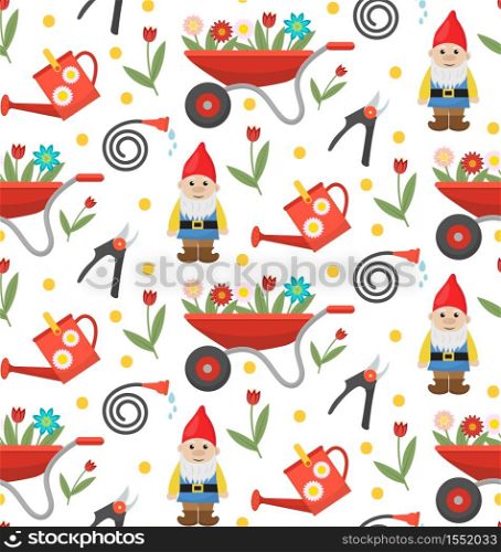 Gardening seamless pattern with gnome, flowers and tools. Spring endless background. Horticulture texture, wallpaper. Cute backdrop. Vector illustration. Gardening seamless pattern with gnome, flowers and tools. Spring endless background. Horticulture texture, wallpaper. Cute backdrop. Vector illustration.
