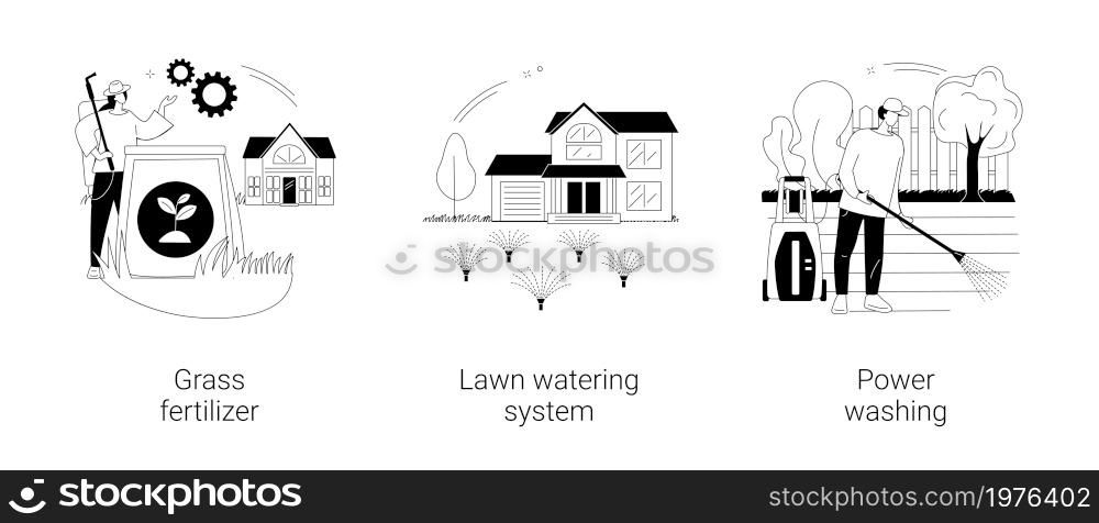 Gardening services abstract concept vector illustration set. Grass fertilizer, lawn watering system, power washing, garden hose, soil nutrients, pop-up sprinkler, dust and mold abstract metaphor.. Gardening services abstract concept vector illustrations.