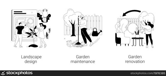 Gardening services abstract concept vector illustration set. Landscape design, garden maintenance and renovation, frond and backyard, shaping plants, hedge trimming, lawn mowing abstract metaphor.. Gardening services abstract concept vector illustrations.