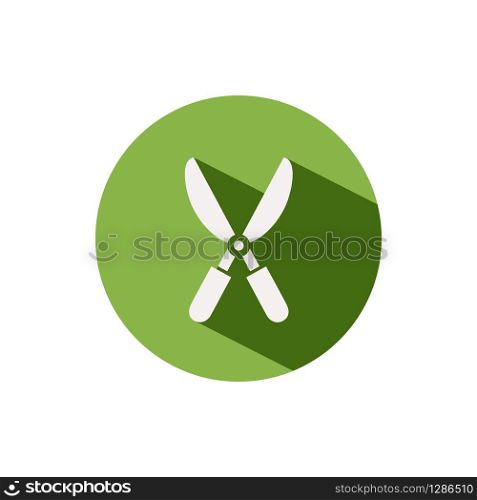 Gardening shears. Icon on a green circle. Tool glyph vector illustration