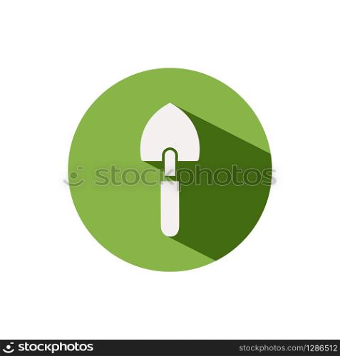 Gardening shovel. Icon on a green circle. Tool glyph vector illustration
