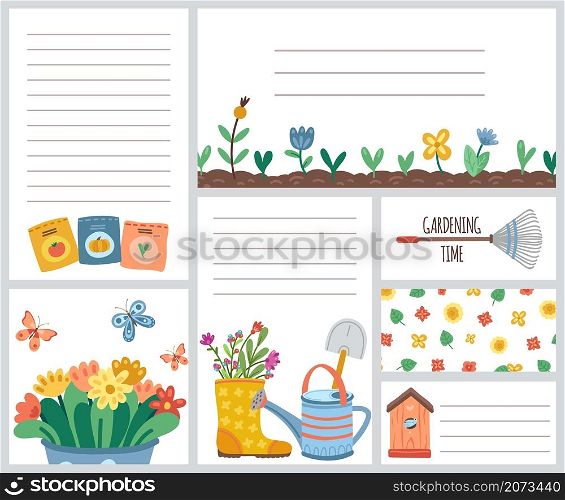 Gardening time. Planting tools, garden flowers and leaves. Watering can, birdhouse and seed packs. Cute blank notes pages vector template. Illustration gardening flower notes page. Gardening time. Planting tools, garden flowers and leaves. Watering can, birdhouse and seed packs. Cute blank notes pages vector template