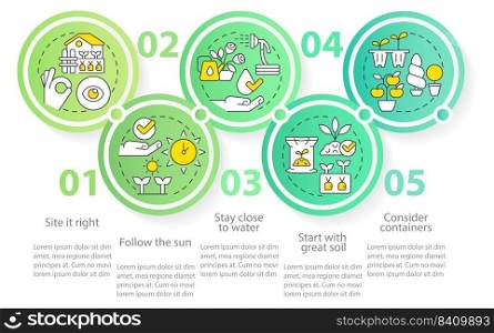 Gardening tips circle infographic template. Successful planting. Data visualization with 5 steps. Editable timeline info chart. Workflow layout with line icons. Myriad Pro-Regular font used. Gardening tips circle infographic template