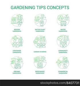 Gardening tips green gradient concept icons set. Plant care. Planting and growing flowers idea thin line color illustrations. Isolated symbols. Roboto-Medium, Myriad Pro-Bold fonts used. Gardening tips green gradient concept icons set