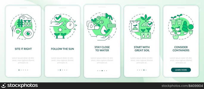 Gardening tips green onboarding mobile app screen. Successful planting walkthrough 5 steps editable graphic instructions with linear concepts. UI, UX, GUI template. Myriad Pro-Bold, Regular fonts used. Gardening tips green onboarding mobile app screen