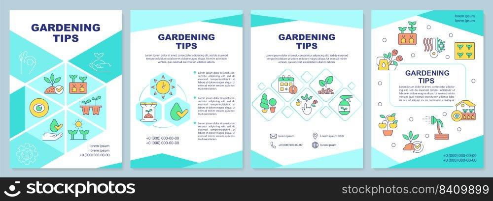Gardening tips mint brochure template. Horticulture. Leaflet design with linear icons. Editable 4 vector layouts for presentation, annual reports. Arial-Black, Myriad Pro-Regular fonts used. Gardening tips mint brochure template