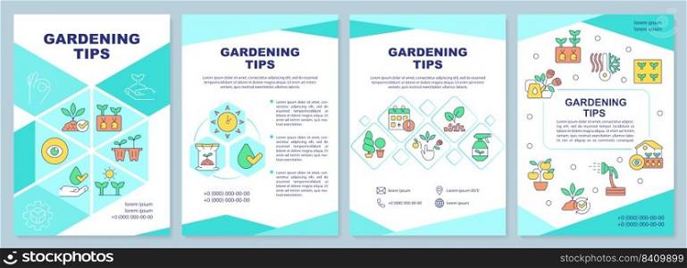 Gardening tips mint brochure template. Horticulture. Leaflet design with linear icons. Editable 4 vector layouts for presentation, annual reports. Arial-Black, Myriad Pro-Regular fonts used. Gardening tips mint brochure template