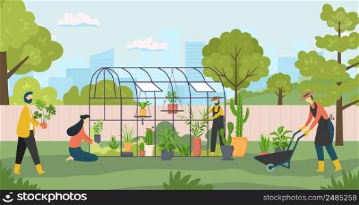 Gardening together, people grow plant on farm. Vector agriculture farm, activity growing environment, environmental farming illustration. Gardening together, people grow plant on farm
