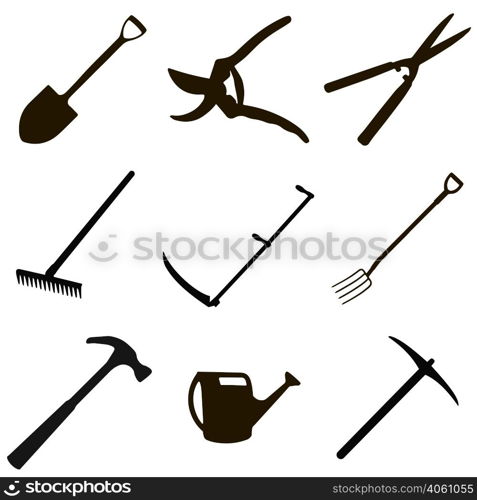 gardening tool set - spade, secateurs, garden shears, rake, scythe for grass, garden forks, hammer, hose, hoe, in vector for print or design. gardening tool set