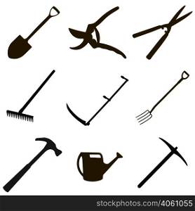 gardening tool set - spade, secateurs, garden shears, rake, scythe for grass, garden forks, hammer, hose, hoe, in vector for print or design. gardening tool set