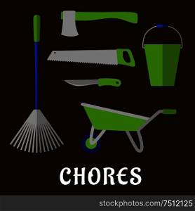 Gardening tools and chores flat icons with rake, bucket, wheelbarrow, hand saw, axe and knife. Gardening chores and tools flat icons