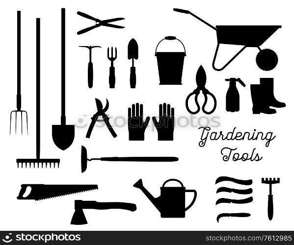 Gardening tools black silhouettes set. Isolated vector gardener planting work accessories garden rake, spade, watering can and bucket, scissors, farmer boots with wheelbarrow and pitchfork, ax and saw. Gardening tools black silhouettes vector set