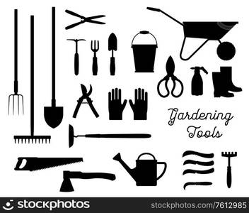 Gardening tools black silhouettes set. Isolated vector gardener planting work accessories garden rake, spade, watering can and bucket, scissors, farmer boots with wheelbarrow and pitchfork, ax and saw. Gardening tools black silhouettes vector set