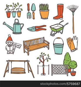 Gardening tools decorative icons set with hand drawn farming equipment isolated vector illustration. Gardening Tools Set